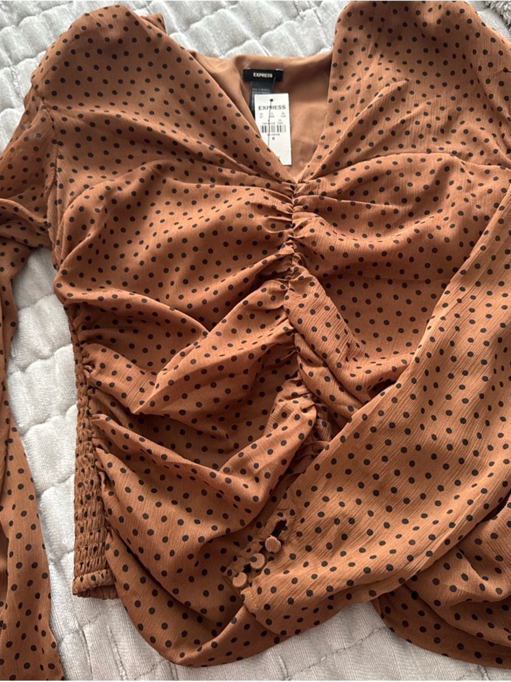 Express Rust Polka Dot Ruched Front Long Sleeve Blouse